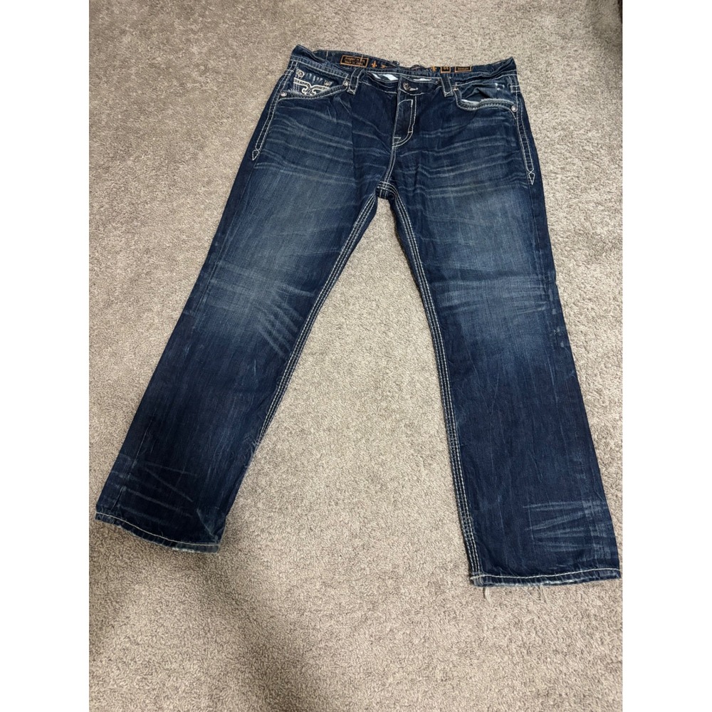 Rock Revival Ilion J Straight Leg Jeans Mens 44 Dark Wash Embroidered RJ8683J
